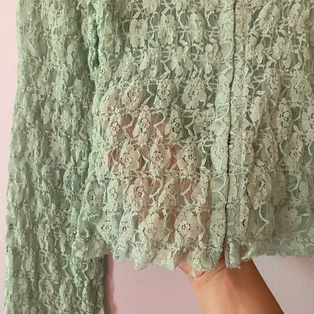 Free People Mint Green Lace Sheer Long Sleeve Cropped Bodice Top Women's size XS